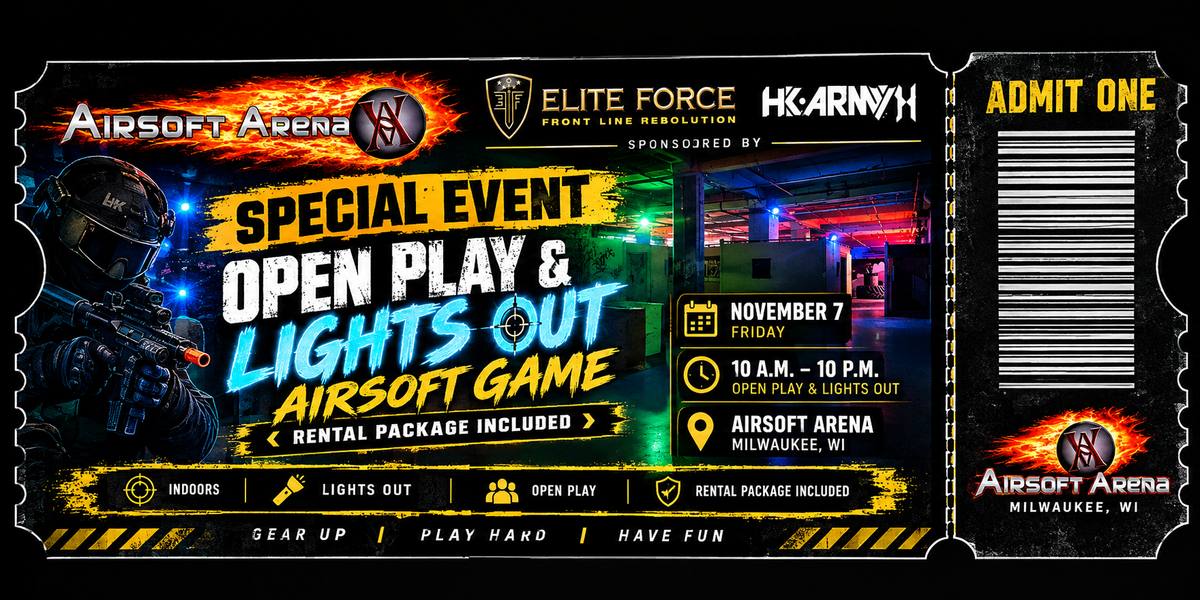 AIRSOFT ARENA LIGHTS OUT AND OPEN PLAY PACKAGE PRESALE ALL DAY PLAY WITH RENTAL